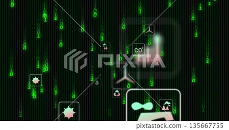 Displaying eco icons from CO?-label to sunburst shapes over dashboard amid binary digits Displaying eco icons from CO?-label to sunburst shapes over dashboard amid binary digits 135667755