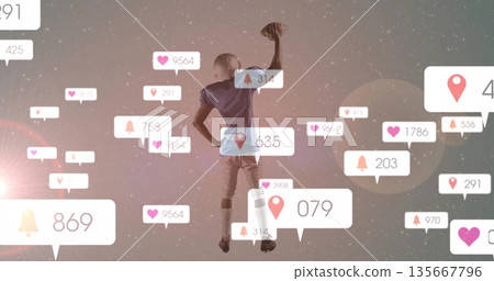 Celebrating football player in jersey tossing helmet in digital space, with notification icons Celebrating football player in jersey tossing helmet in digital space, with notification icons 135667796