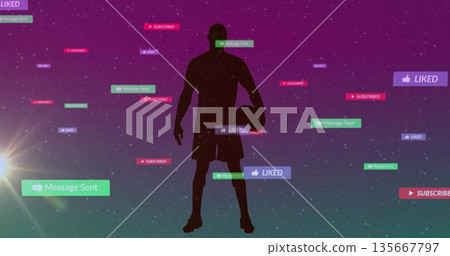 Silhouette basketball player holding ball in purple-green space, with notifications and lens flare Silhouette basketball player holding ball in purple-green space, with notifications and lens flare 135667797