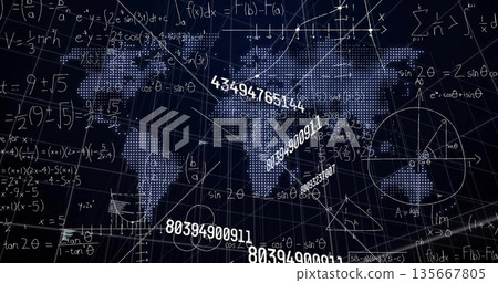 Displaying dotted world map overlaying 3D grid in data space, with math formulas and numbers 135667805