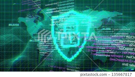 Displaying shield icon with check mark glowing on world map grid, with code snippets, data clusters 135667817