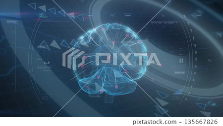 Rendering holographic wireframe brain in 3D console UI showing pink nodes, lines, arrows 135667826