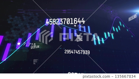 Displaying 3D chart showing changing trend in 3D interface, with purple bars glowing line numbers Displaying 3D chart showing changing trend in 3D interface, with purple bars glowing line numbers 135667834