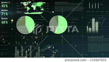 Displaying data dashboard on dark screen, with world map, pie charts, metrics and bar chart overlay Displaying data dashboard on dark screen, with world map, pie charts, metrics and bar chart overlay 135667835