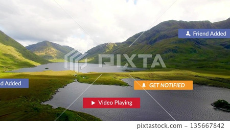 Displaying UI overlays hovering over mountain lake reflecting clouds in valley between grassy peaks Displaying UI overlays hovering over mountain lake reflecting clouds in valley between grassy peaks 135667842