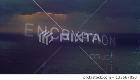 Displaying ENCRYPTION overlay with circuit lines and placeholder squares above ocean horizon Displaying ENCRYPTION overlay with circuit lines and placeholder squares above ocean horizon 135667850