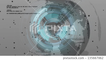 Rendering stylized digital globe over virtual grey interface, with data points and code snippets Rendering stylized digital globe over virtual grey interface, with data points and code snippets 135667862