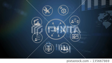 Displaying central network gear icon glowing on blue gradient, showing eight user and tool icons Displaying central network gear icon glowing on blue gradient, showing eight user and tool icons 135667869