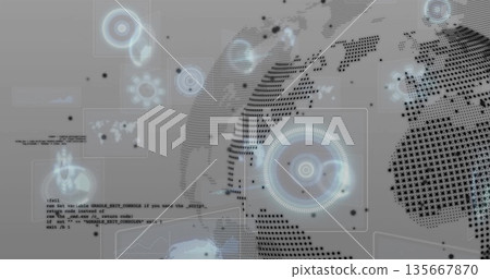 Displaying dotted globe spinning amid HUD panels in digital interface with data points, copy space Displaying dotted globe spinning amid HUD panels in digital interface with data points, copy space 135667870
