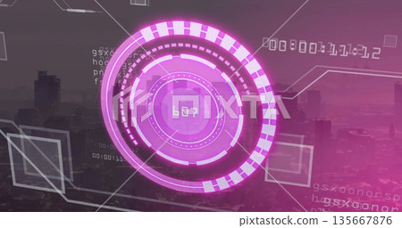 Displaying magenta HUD overlaying skyline at dusk, with ring segments code fragments and frames 135667876