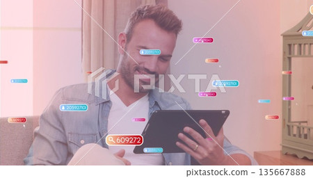 Holding tablet adult man viewing floating analytics data on sofa in living room, with lantern 135667888