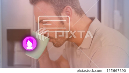 Man in polo sipping beverage in kitchen, with green mug, purple avatar, chat overlays, copy space 135667890
