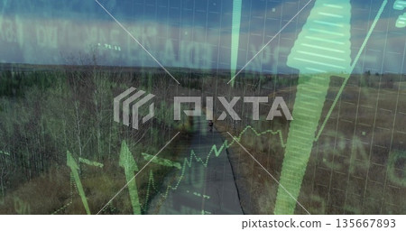 Cycling teen wearing helmet and jacket riding bicycle on paved trail, with financial charts, arrows Cycling teen wearing helmet and jacket riding bicycle on paved trail, with financial charts, arrows 135667893