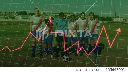 Linking arms players in soccer uniforms on pitch, showing ball, goalkeeper gloves and overlays 135667901