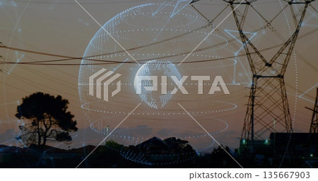 Projecting holographic globe rotating over suburban power corridor, with tower and network rings Projecting holographic globe rotating over suburban power corridor, with tower and network rings 135667903