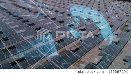Showing aerial view capturing solar panels across open field, with globe overlay and circuit nodes Showing aerial view capturing solar panels across open field, with globe overlay and circuit nodes 135667904