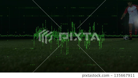 Soccer player in red-white kit dribbling soccer ball on pitch, with data waveform, copy space Soccer player in red-white kit dribbling soccer ball on pitch, with data waveform, copy space 135667911