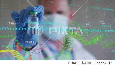 Researcher wearing lab coat, mask and blue gloves holding COVID-19 vial in lab, with chart overlays Researcher wearing lab coat, mask and blue gloves holding COVID-19 vial in lab, with chart overlays 135667912