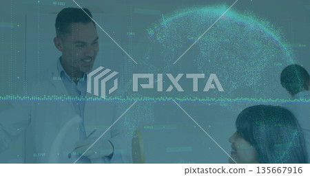 Presenting man in gray suit pointing marker at boardroom whiteboard with globe overlay, copy space 135667916