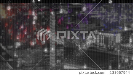 Cascading binary digits overlaying blurred neon cityscape at night, creating purple glitch effect Cascading binary digits overlaying blurred neon cityscape at night, creating purple glitch effect 135667944