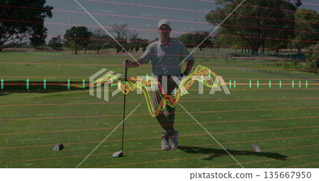 Mature golfer in golf clothes leaning on driver club at tee box, with ball, waveform overlay Mature golfer in golf clothes leaning on driver club at tee box, with ball, waveform overlay 135667950