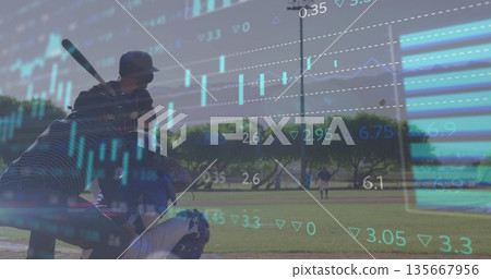Batter, catcher wearing mask, umpire positioning at plate in park, with bat, digital charts overlay 135667956