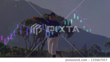 Throwing pitcher releasing ball on pitcher's mound, with glove, cap and financial chart overlays Throwing pitcher releasing ball on pitcher's mound, with glove, cap and financial chart overlays 135667957