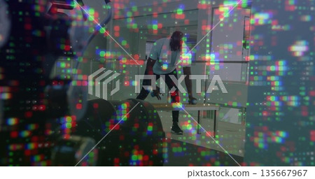 Lifting man in athletic clothing bending over bench at fitness studio, with dumbbells, pixel lights 135667967