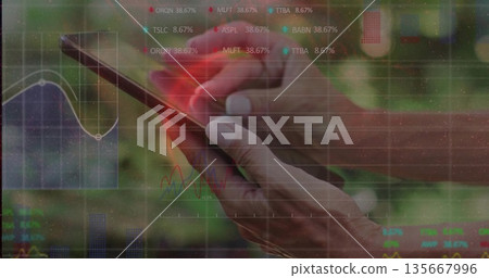 Tapping touchscreen device with mature woman's hands at desk, showing trading charts and grid lines 135667996