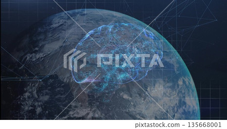 Showing holographic digital brain overlaying planet Earth in orbit, highlighting network grid nodes 135668001
