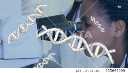Examining female scientist in white lab coat peering into microscope in lab, with DNA graphics Examining female scientist in white lab coat peering into microscope in lab, with DNA graphics 135668009