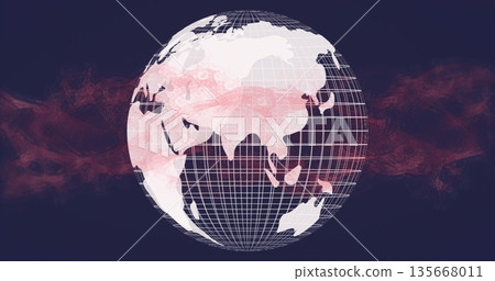 Displaying digital wireframe globe showing Asia and Australia on dark navy, with red haze effect 135668011