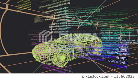 Floating neon-green wireframe sports car rotating in 3D grid space, with orange grid, colorful code 135668022