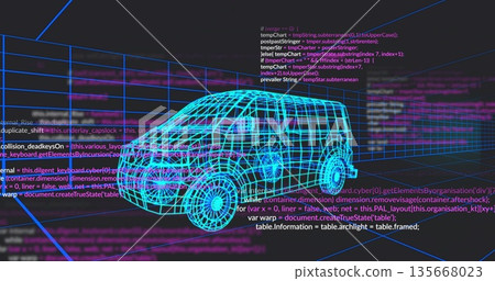 Displaying wireframe van model rotating within virtual 3D workspace, with floating code blocks Displaying wireframe van model rotating within virtual 3D workspace, with floating code blocks 135668023