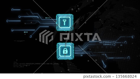 Displaying turquoise key and padlock icons linking circuits in security screen, binary map patterns Displaying turquoise key and padlock icons linking circuits in security screen, binary map patterns 135668024