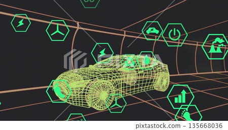 Showcasing wireframe car model gliding through 3D tunnel, with floating green hexagonal icons 135668036