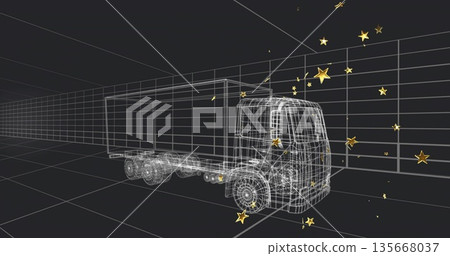 Displaying wireframe cargo truck occupying center of virtual grid space, with floating golden stars 135668037