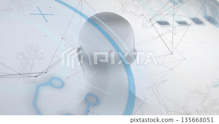 Displaying white 3D head sculpture facing away in visualization, with blue arcs and network lines 135668051