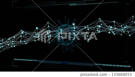 Displaying virus particle overlaying glowing node network on analysis dashboard with UI elements 135668053