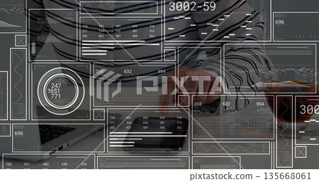 Holding smartphone, adult woman analyzing holographic data at home desk, with laptop mug fruit bowl Holding smartphone, adult woman analyzing holographic data at home desk, with laptop mug fruit bowl 135668061