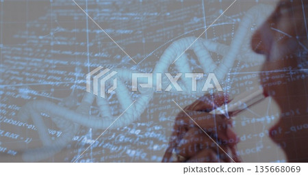 Displaying 3D DNA helix model over abstract code grid, with researcher holding pen to chin Displaying 3D DNA helix model over abstract code grid, with researcher holding pen to chin 135668069