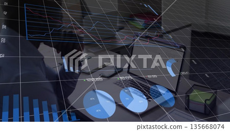 Leaning man wearing dress shirt with chin on hands analyzing holographic data in office, copy space Leaning man wearing dress shirt with chin on hands analyzing holographic data in office, copy space 135668074