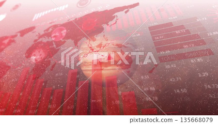 Displaying dashboard showing world map overlay, globe, red bars, line graph markers, data labels 135668079