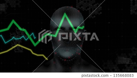 Stylized head hovering in virtual data interface, with dot matrix overlay and colored line graphs Stylized head hovering in virtual data interface, with dot matrix overlay and colored line graphs 135668083