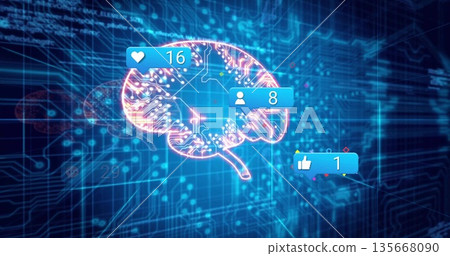 Glowing neon circuit brain pulsating in blue data grid, with social media icons and circuitry lines 135668090