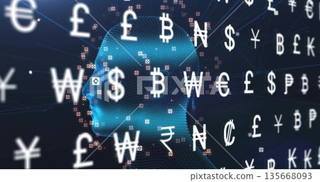 Featuring blue dotted mesh head facing left in data network, with floating currency symbols Featuring blue dotted mesh head facing left in data network, with floating currency symbols 135668093