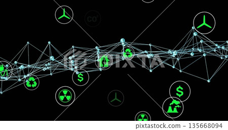 Flowing wave-like network moving in abstract space, with glowing nodes and neon green eco icons Flowing wave-like network moving in abstract space, with glowing nodes and neon green eco icons 135668094