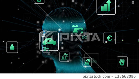 Displaying blue-dot head silhouette connecting dots in virtual space, with sustainability icons 135668096