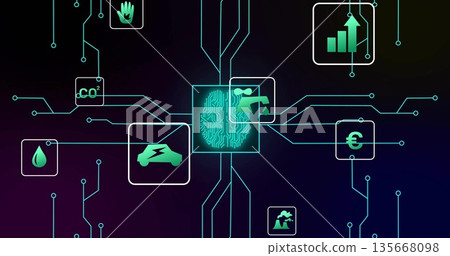 Displaying fingerprint icon emitting neon-green circuits on gradient panel, connecting square icons Displaying fingerprint icon emitting neon-green circuits on gradient panel, connecting square icons 135668098