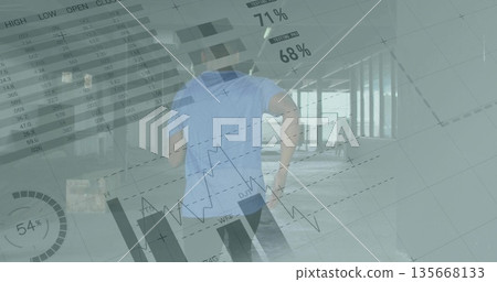Running male athlete sprinting across industrial interior, with floating charts and percentages Running male athlete sprinting across industrial interior, with floating charts and percentages 135668133